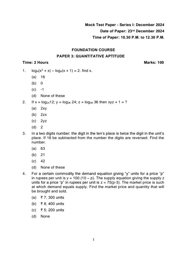 January 2025 Quantitative aptitude mock test paper 