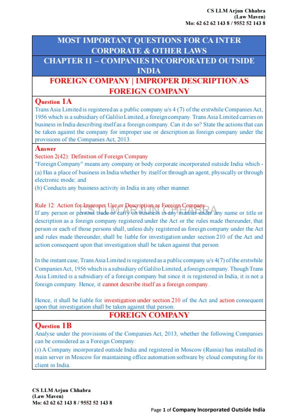 Other  Law, CIOI, LLP  Question Bank For Jan 25 
 By CS Arjun Chhabra Sir 