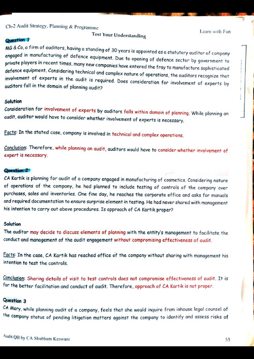 #Auditing & Ethics    #CA Shubham Keswani Sir's 

#Question Bank   #Sep 2026 & Jan 2027 Exams 

# Chapter 2:- Auditing Strategy & Planning & Programme
