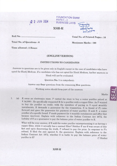 June 2024 PYQ BUSINESS LAW 