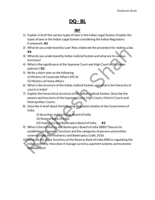 Direct Questions for Business Laws - All Questions Covered