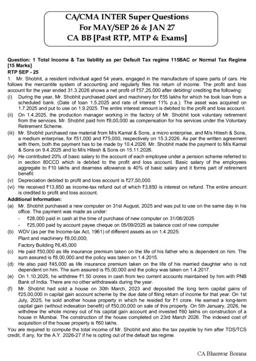 Direct Tax Super Questions For Rivision By BB sir 