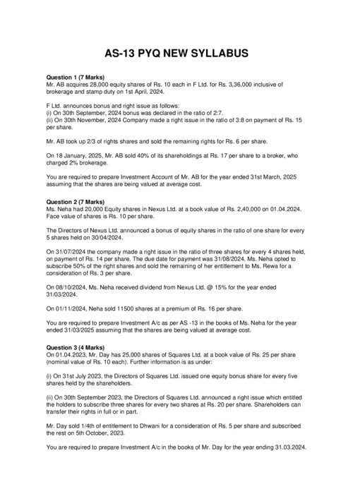 AS 13 Questions (RTP'S , MTP'S, PYQ'S  May 26)