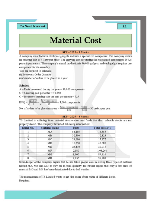 Costing complier of material cost