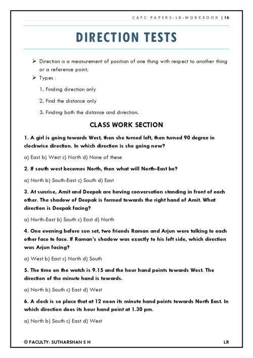 Direction test questions for practice 