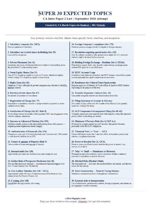 #Exclusive 
#Super 30 Topics Expected for September2026

This analysis is the suggestion of Advanced AI Models  along with recommendation of CA Harsh Gupta Sir's 