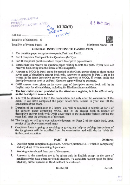 Inter Law Paper May 2024

If Anybody wants PW, VC Gurukul and Parag Sir classes DM me 