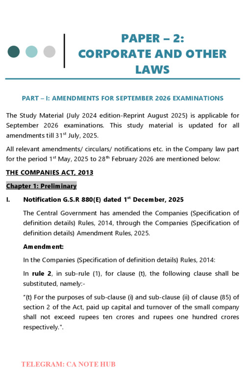 CA INTERMEDIATE

CORPORATE AND OTHER LAWS [LAW]

REVISION TEST PAPERS [RTPs] FOR SEPTEMBER, 2026