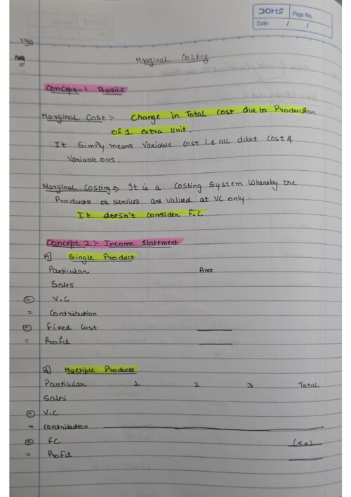 Marginal costing handwritten notes