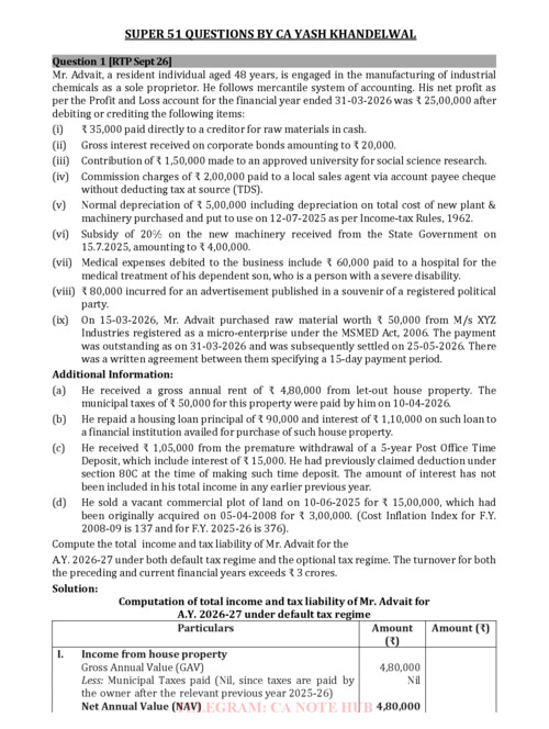 CA INTERMEDIATE 

DIRECT TAX [INCOME TAX]

SUPER 51 BY CA YASH KHANDELWAL FOR SEPTEMBER, 2026