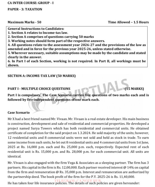 CA INTERMEDIATE

DIRECT TAX [INCOME TAX]

MOCK TEST PAPER ALONG WITH SUGGESTED ANSWER BY CA BHANWAR BORANA FOR SEPTEMBER, 2026
