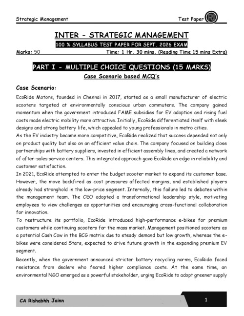 #Exclusive  
#CA Rishabh Jain Sir's   
#Strategic Management   #Sep 2026 Exams 
#50Marks Test Paper (Question Paper) 

