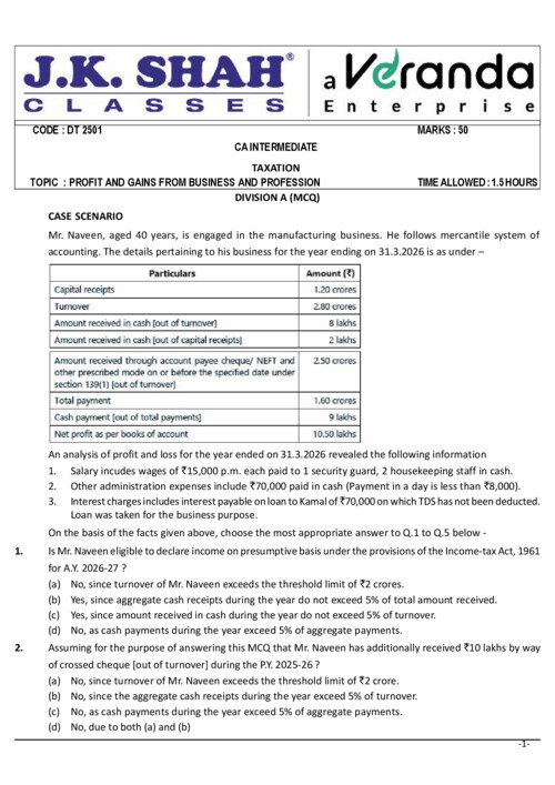 JK SHAH CLASSES PAPER SET OF DIRECT TAX RELEVANT FOR SEPTEMBER 2026 AND JANUARY 2027 LATEST 