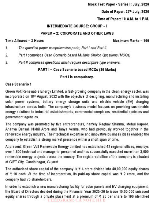 CA INTERMEDIATE

CORPORATE AND OTHER LAWS [LAW]

MOCK TEST PAPER [MTP] SERIES - I INCLUDING SUGGESTED ANSWERS FOR SEPTEMBER, 2026
