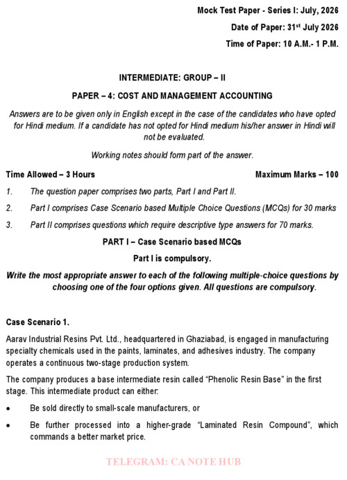 CA INTERMEDIATE

COST AND MANAGEMENT ACCOUNTING [COSTING]

MOCK TEST PAPER [MTP] SERIES - I INCLUDING SUGGESTED ANSWERS FOR SEPTEMBER, 2026