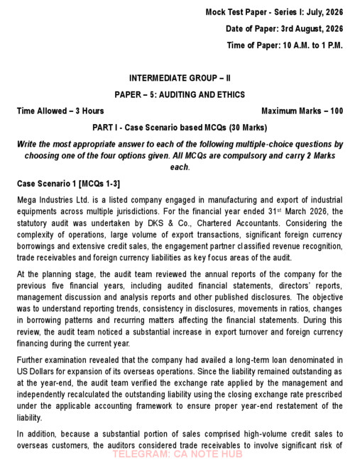 CA INTERMEDIATE

AUDITING AND ETHICS [AUDIT]

MOCK TEST PAPER [MTP] SERIES - I INCLUDING SUGGESTED ANSWERS FOR SEPTEMBER, 2026