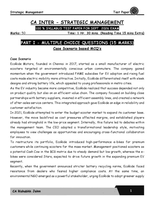 #Exclusive  
#CA Rishabh Jain Sir's   
#Strategic Management   #Sep2026 Exams 
#50Marks Test Paper Solution 
(Question Paper with Answer sheet) 
