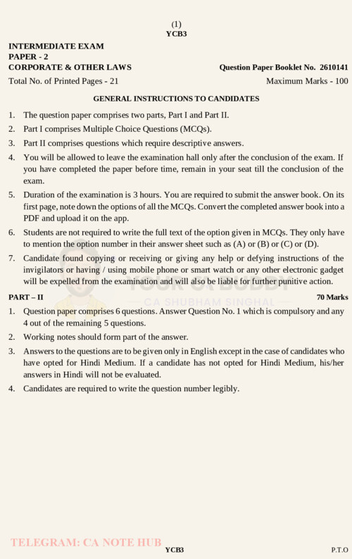 CA INTERMEDIATE

CORPORATE AND OTHER LAWS [LAW]

ALL INDIA MASTER MOCK TESTS ALONG WITH SOLUTIONS BY CA SHUBHAM SINGHAL FOR SEPTEMBER, 2026
