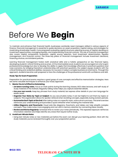 CA INTERMEIDATE

FINANCIAL MANAGEMENT [FM]

SARANSH | SUMMARY CHART NOTES FOR LAST MOMENT QUICK REVISION BY THE ICAI FOR SEPTEMBER, 2026 AND JANAURY, 2027