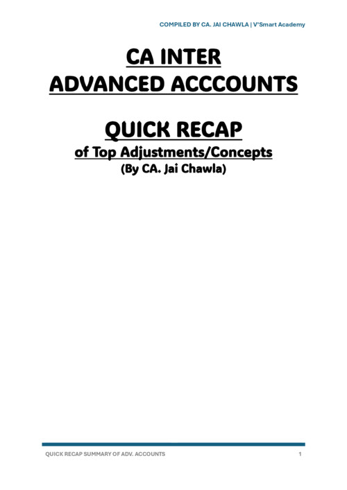 CA INTERMEDIATE

ADVANCED ACCOUNTING [ACCOUNTS]

QUICK RECAP OF ADJUSTMENTS SUMMARY NOTES BY CA JAI CHAWLA