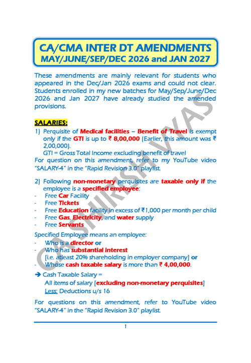 Amendment sheet for direct tax CA inter sep 26 by CA Shirish Vyas sir