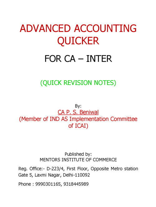 ACCOUNTS QUICKER BOOK | QUICK REVISION BOOK BY CA P S BENIWAL