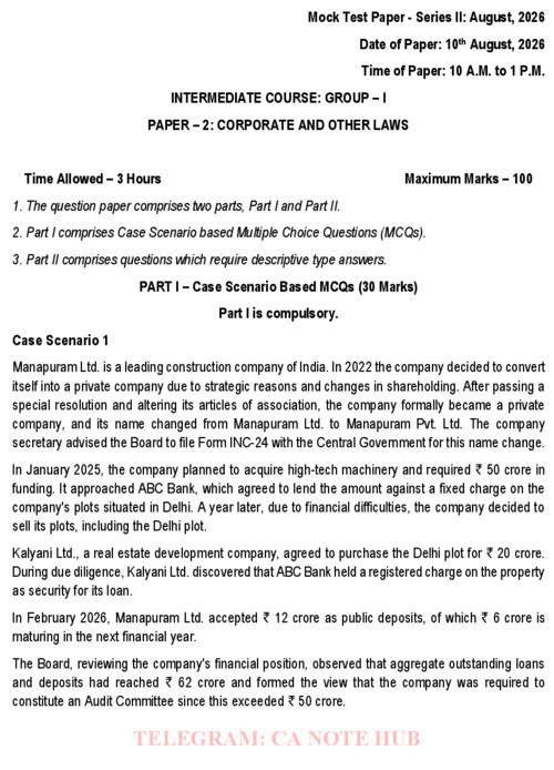 LAW MOCK TEST PAPER [MTP] SERIES - II INCLUDING SUGGESTED ANSWER FOR SEPTEMBER, 2026