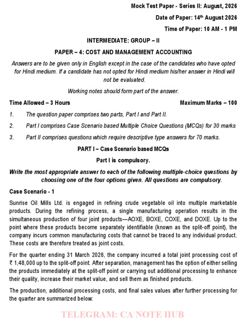 COSTING MOCK TEST PAPER [MTP] SERIES - II INCLUDING SUGGESTED ANSWER FOR SEPTEMBER, 2026