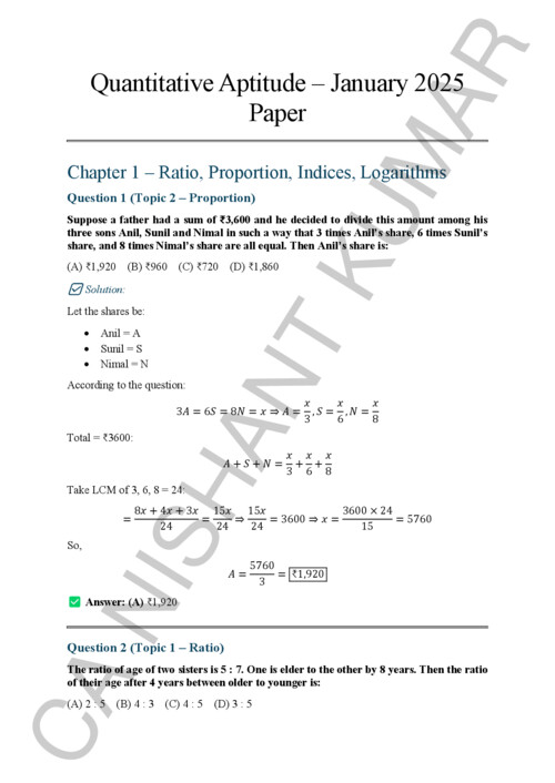 Quantitative Aptitude PYQ January 2025 with all solutions 