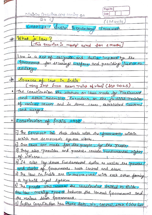 Hand written notes of business law