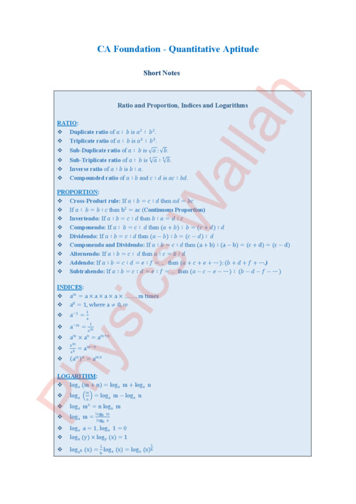 Quantitative Aptitude Short note with all formulas, theory cover and calculator tricks by PW Anurag sir 