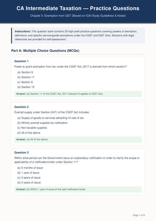Practice questions of exemption from GST for CA intermediter 2027 exam 