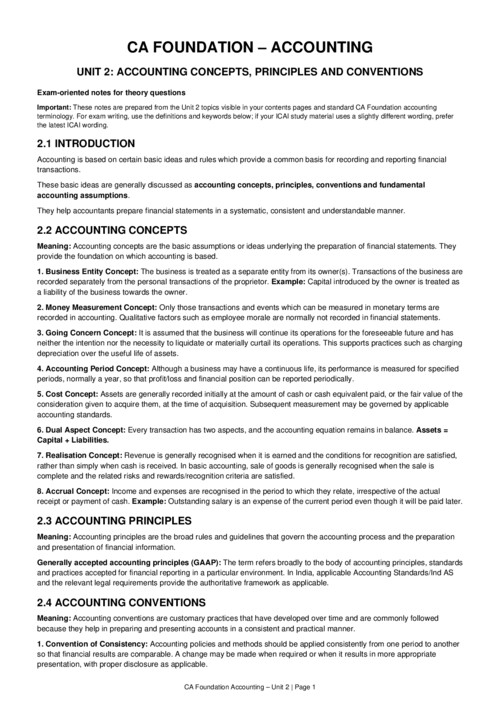 Unit 2 Accounting Concepts , Principles and Conventions